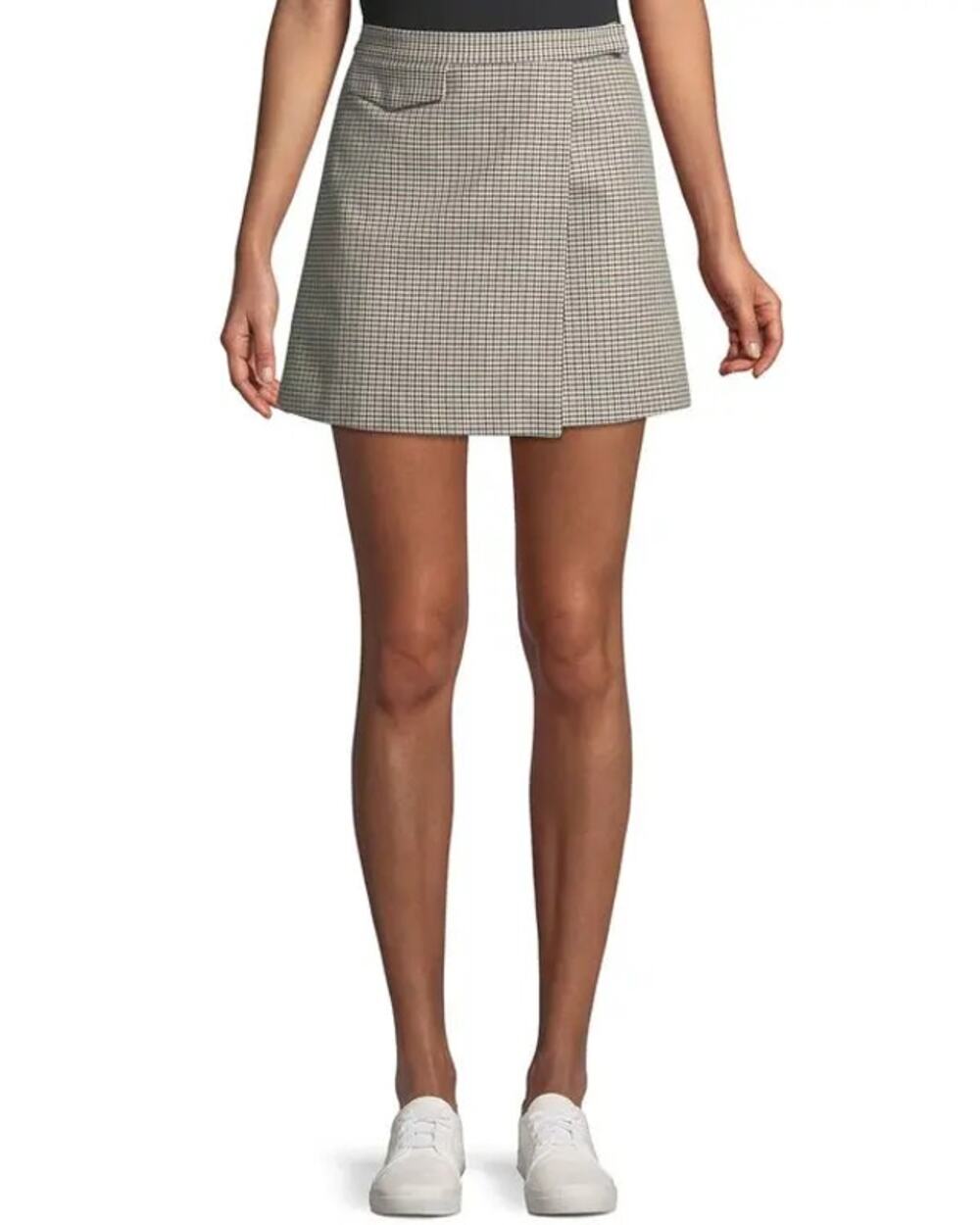 Theory Snap Tab Fremont Plaid Wool Cotton Blend A-Line Wrap Mini Skirt Cream 0